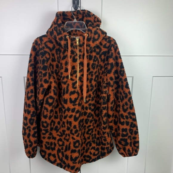 Ann Taylor LOFT LARGE hooded Fleece Half Zip Brown Black Leopard Animal - Picture 1 of 8